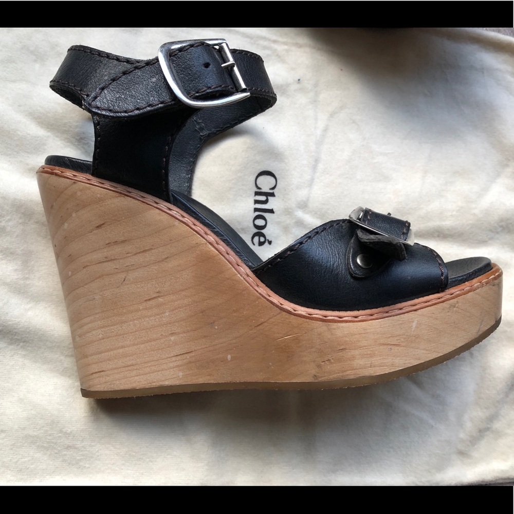 Auth-Chloe Black leather & wooden wedge sandals - Picture 3 of 8
